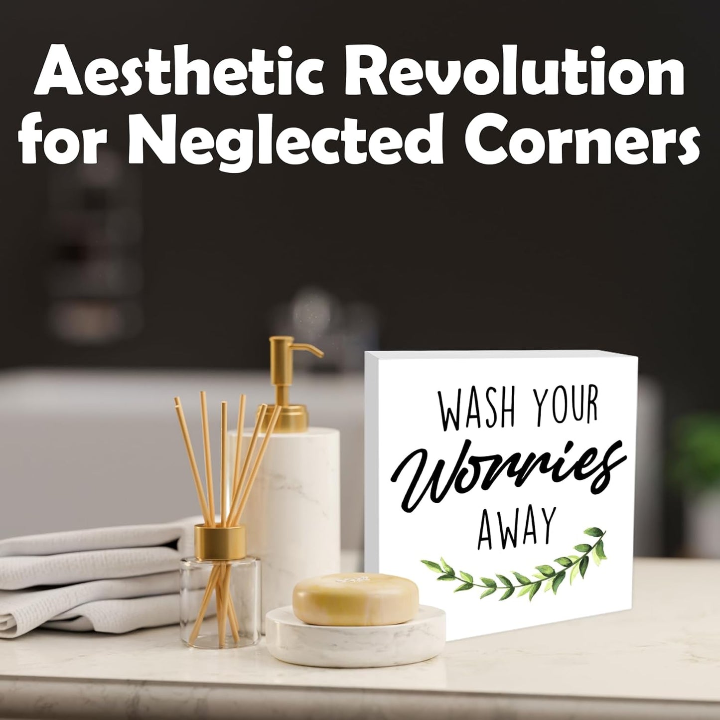 Wash Your Worries Away Wooden Block Sign - 5" Leaves Wooden Plaque Tabletop Decor - Rustic Farmhouse Wood Sign Gifts For Friends Family Coworker- Bathroom Toilets Desk Decor & Supplies -B17