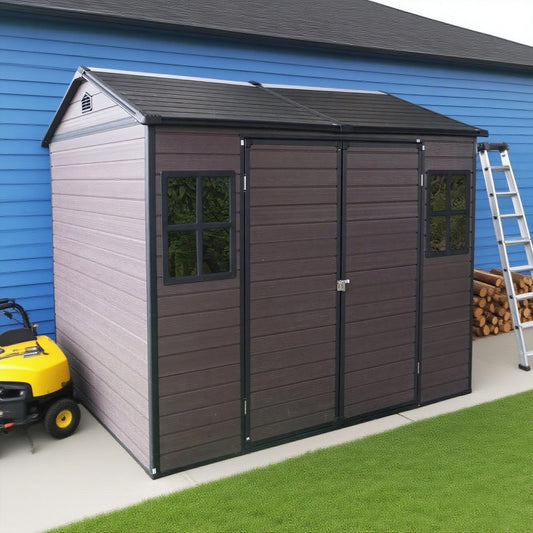 8x6 ft Outdoor Resin Storage Shed with Floor, Waterproof Plastic Garden Shed with Lockable Door and Two Windows, All-Weather Tool Sheds for Backyard, Patio, Lawn (Brown)
