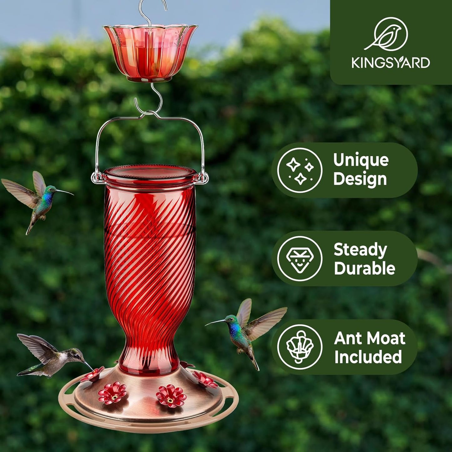 Kingsyard Glass Hummingbird Feeders for Outdoors, 24 oz Hummingbird Nectar Feeder for Outdoors Garden Porch Fall Decorations, 6 Feeding Ports, Ant Moat Included, Easy to Clean & Refill, Red