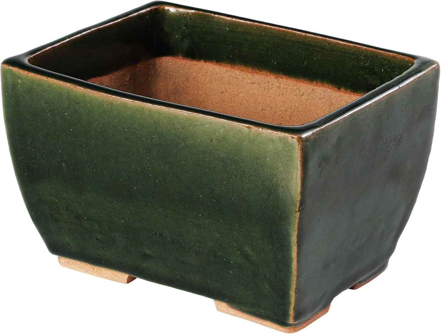 Wazakura Tokoname Series Small Handmade Rectangular Olive Green Glazed Bonsai Pot with Drainage Holes 5.3 in (135 mm) Made in Japan, Ceramic Garden Container, Decorative Flower Planter