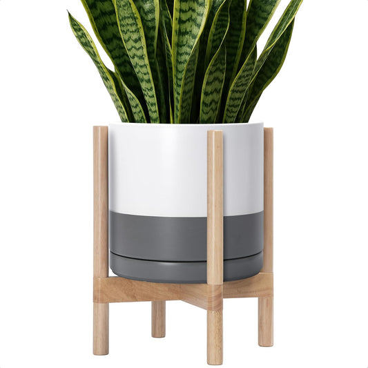 D'vine Dev Ceramic Planter with Natural Stand - 12 Inch Modern Round Flower Pot with Wood Planter Holder, White/Grey, 55-B-J-6