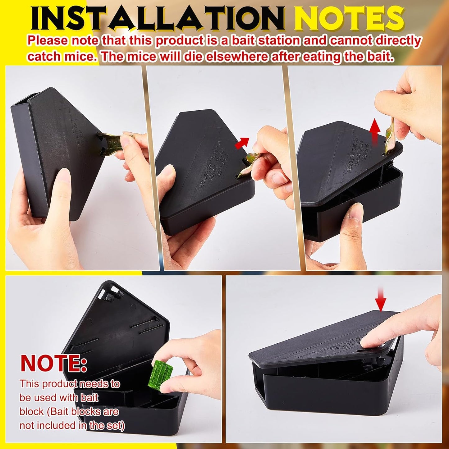 Qualirey 2 Pcs Mice Station with Key Triangle Bait Station Reusable Rodent Trap Bait Box, Keeps Children and Pets Safe Indoor & Outdoor, Bait Not Included, Suitable for Small Mice (Black)