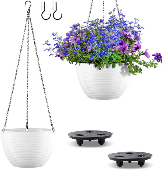 Hanging Planters for Indoor Outdoor Plants, Set of 2 Self Watering Hanging Pots with Drainage Hole & Plug and 20" Chain & Hooks