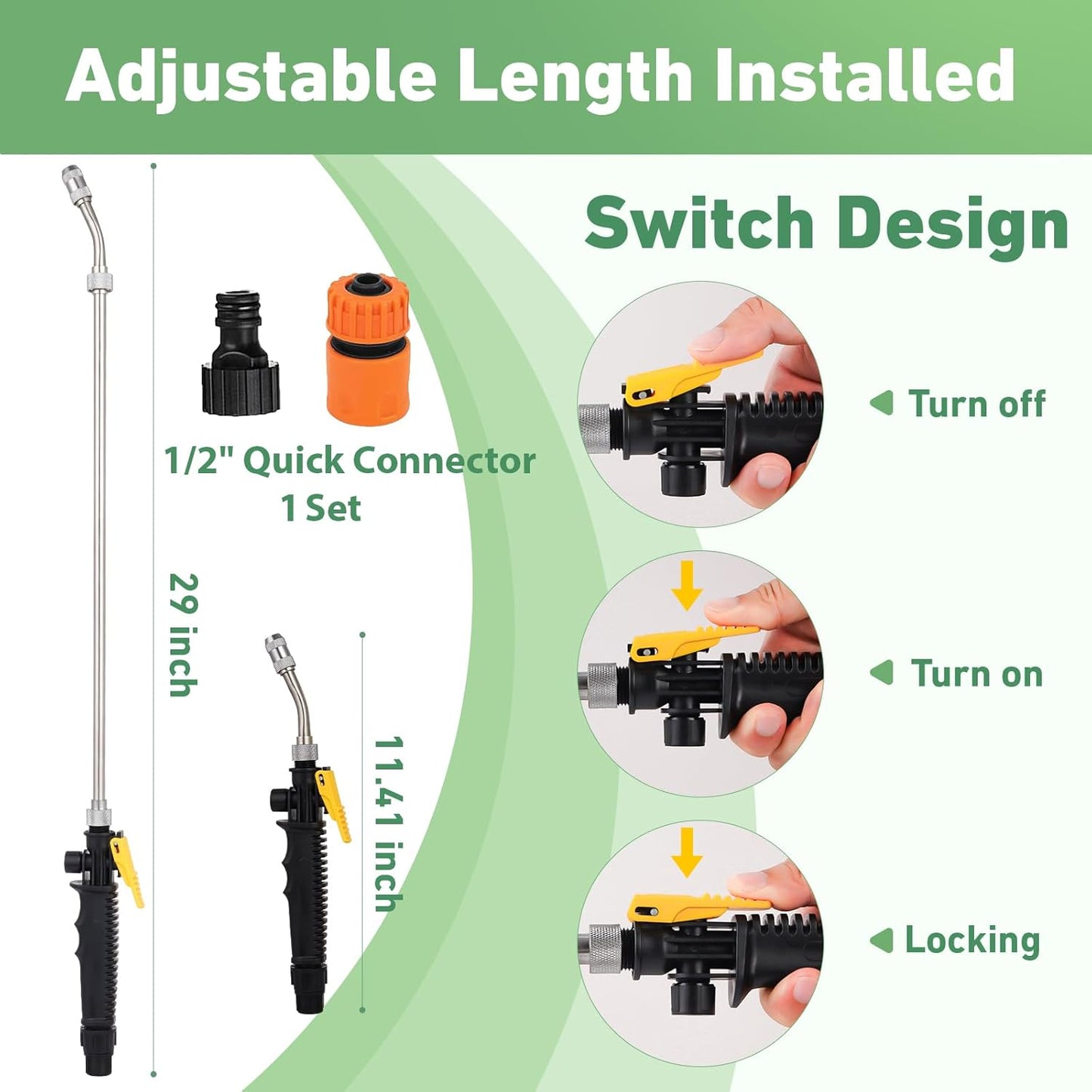 29 Inch Spray Wand for Water Pumps, Backpack Sprayer Set Include 1/2" Hose Quick Connector and 1.2m Hose, Adjustable Nozzle Sprayer Wand Replacement with Built in Shut Off Valve