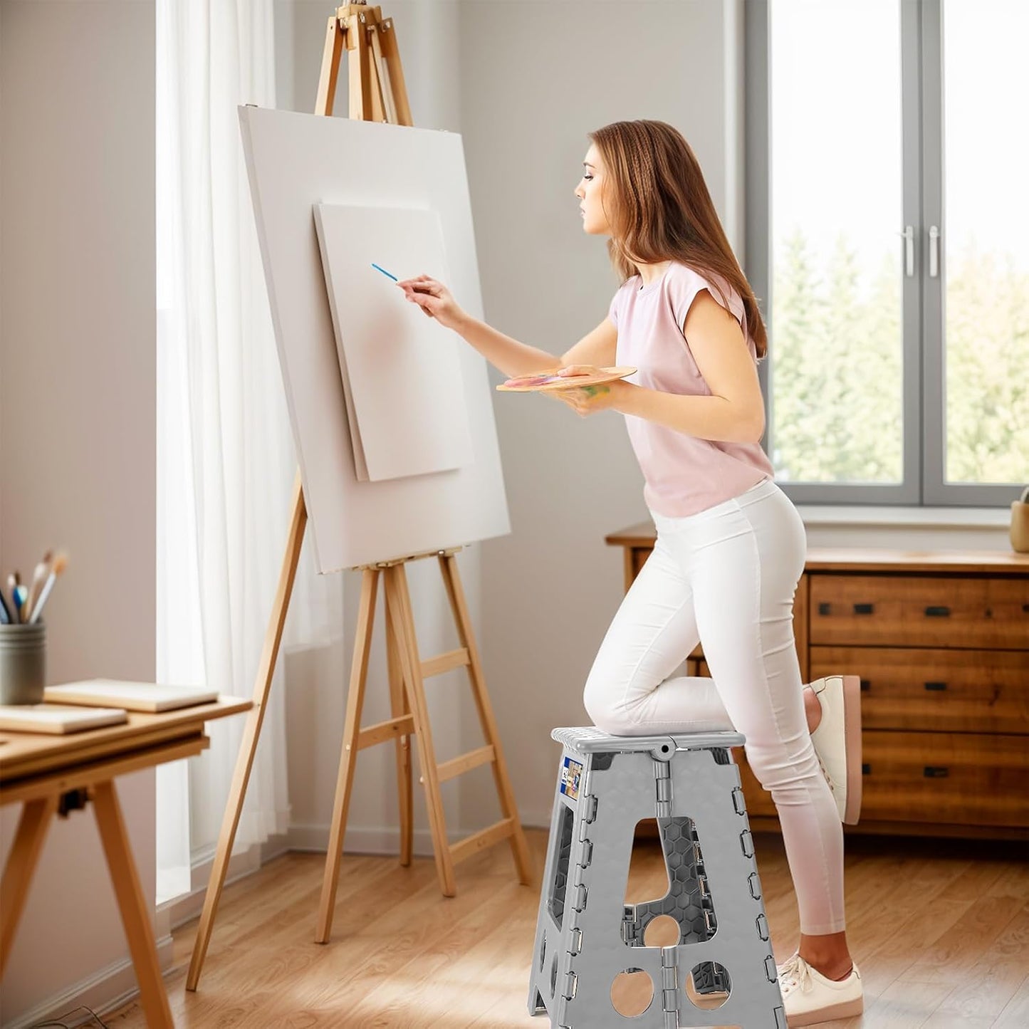 ACKO Folding Step Stool Foldable 17.5 Inch 400 lbs Capacity, Plastic Stools for Adults and Kids, Collapsible Stools for Kitchen, Stepping Stool with Handle(Grey)