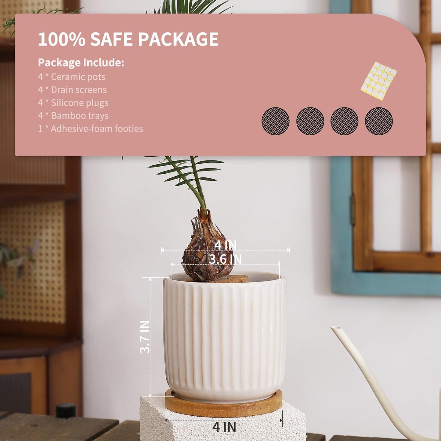 OMAYKEY 4 Inch Ceramic Plant Pot with Saucer, Creative Stripe Small Planters Pots with Drainage Hole and Mesh Pads for Succulent, Cactus, Herbs, White - Set of 4