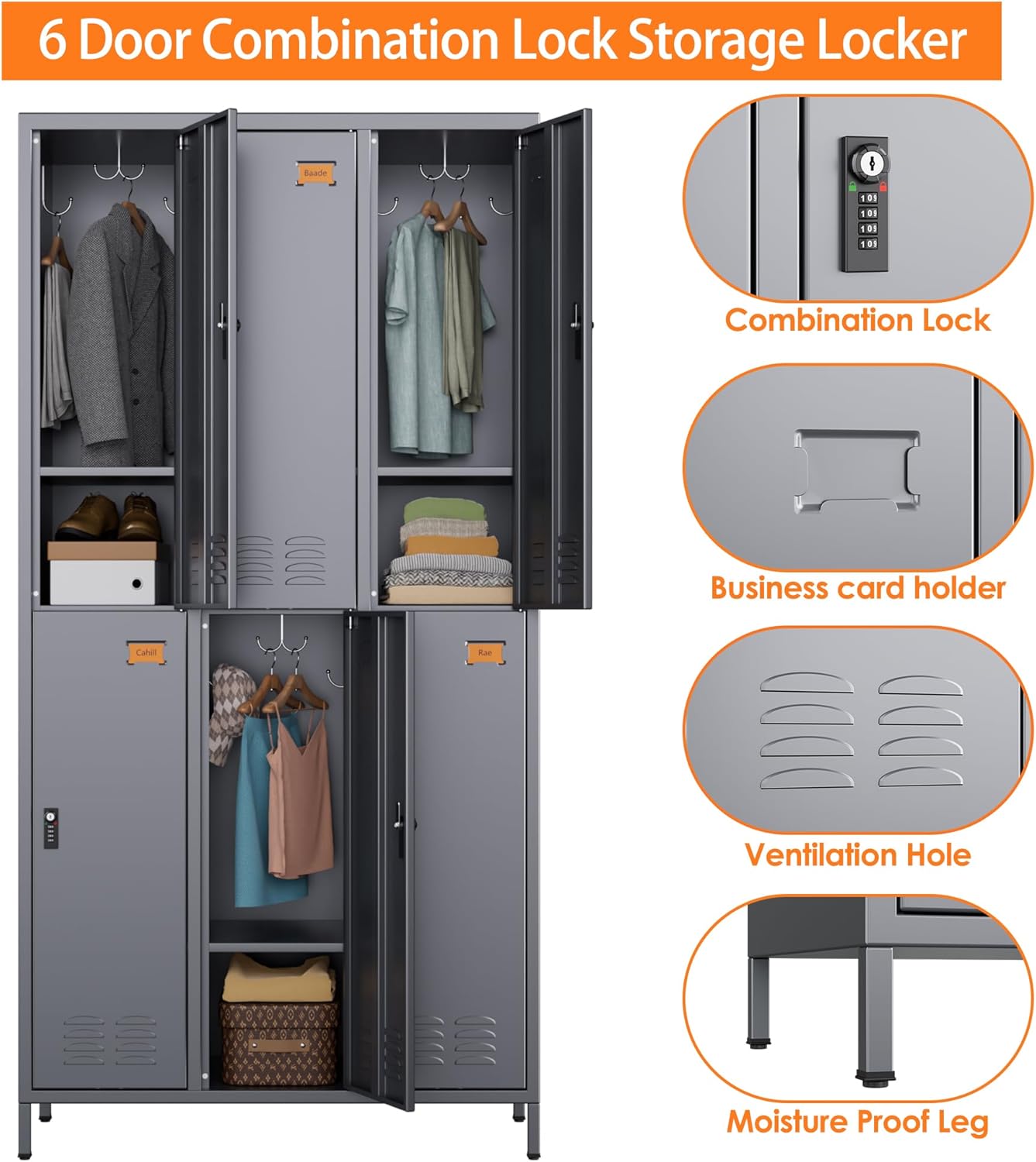 6 Doors Metal Lockers for Employees with Combination Locks and 6 Shelves, Storage Locker with 18 Hooks and Business Card Holder for Office Gym School Bedroom, Assembly Required, Dark Gray