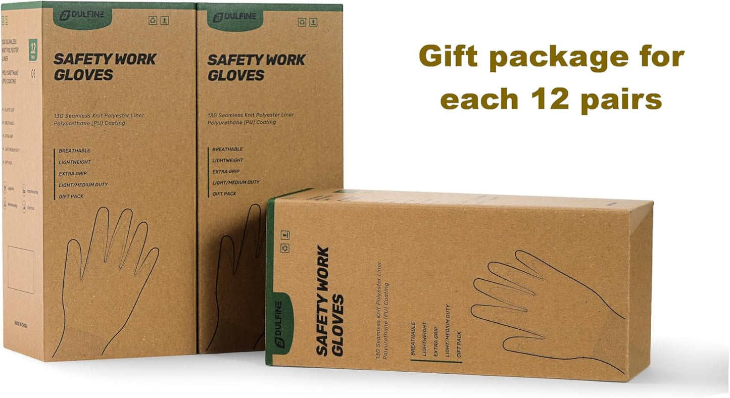 DULFINE Safety Work Gloves PU Coated for Men and Women-12 Pairs,Hi-Vis Seamless Knit Glove with Two Fingers Touchscreen,Ideal for General Duty Work (Medium)