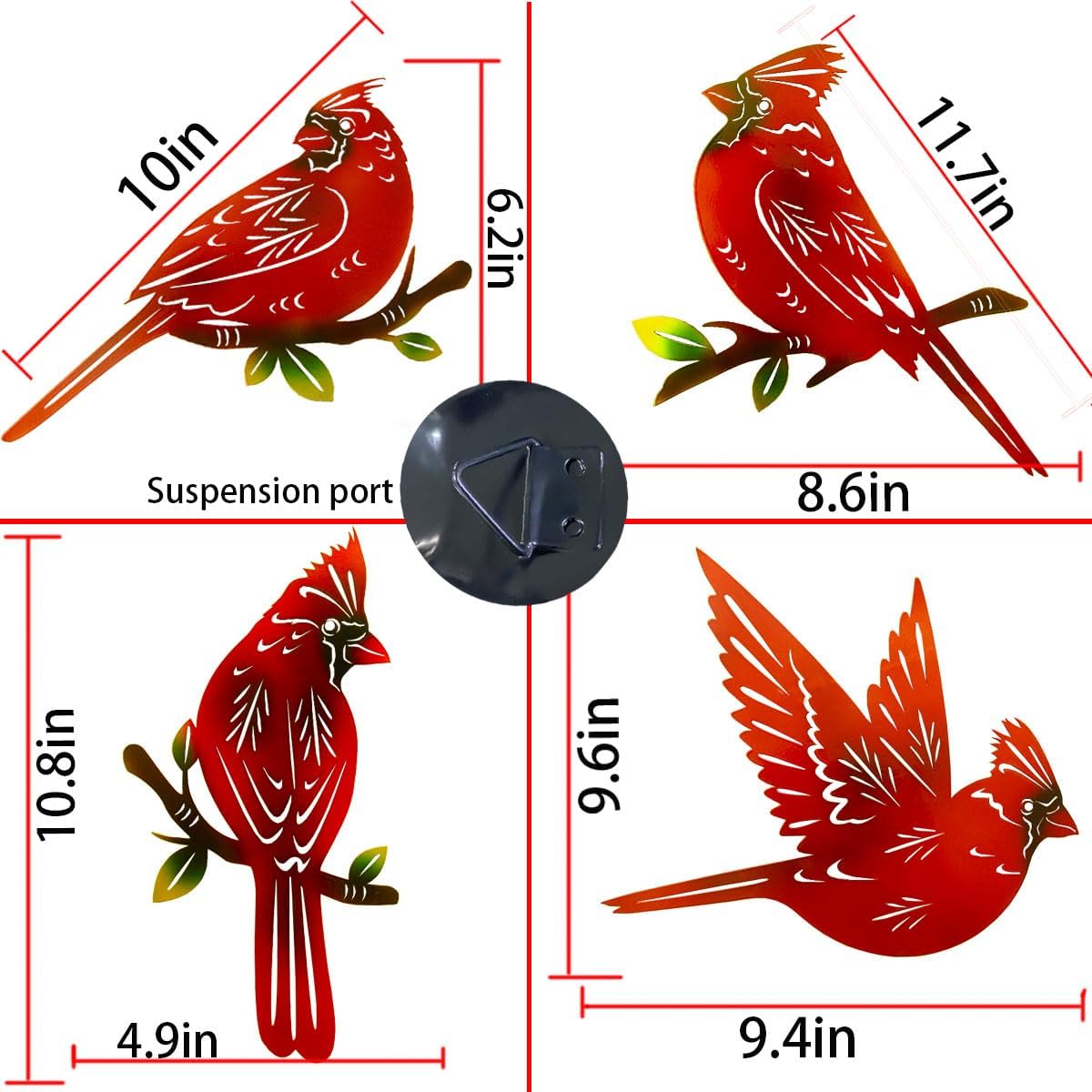 4 Pack Metal Cardinal Wall Art Decor Metal Birds 3D Outdoor Sculpture, Ornaments Hand-Made Nimble red Bird, Gifts for Mom,Birthday Gifts for Grandma Wife