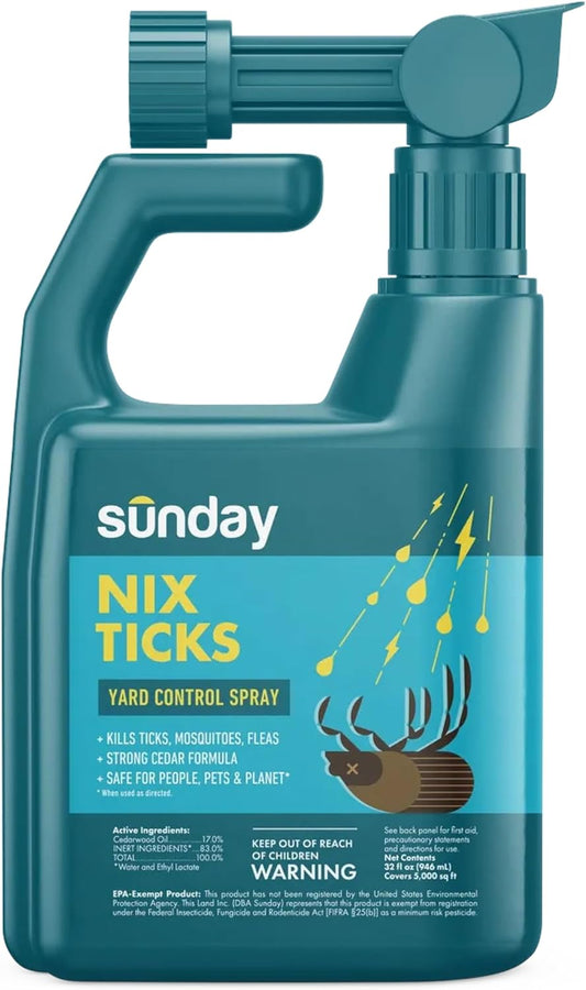 Sunday Nix Ticks - Tick Control Spray - Ready-to-Use Bug Spray - Concentrated Cedar Oil - Helps Kill Ticks, Tick Larvae, Fleas, and Mosquitos - Lasts up to 4 Weeks - 32 Fl Oz