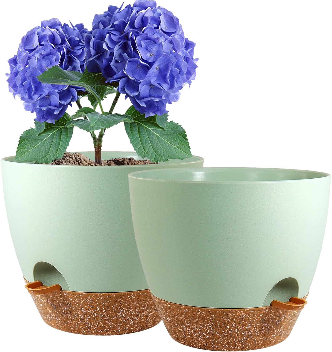10 inch Self Watering Pots, 2 Pack Plastic Planters with Mesh Drainage Holes for Garden Plants and Flower, Plants Pots with Deep Reservoir for Indoor Outdoor Plants, Green with Brown