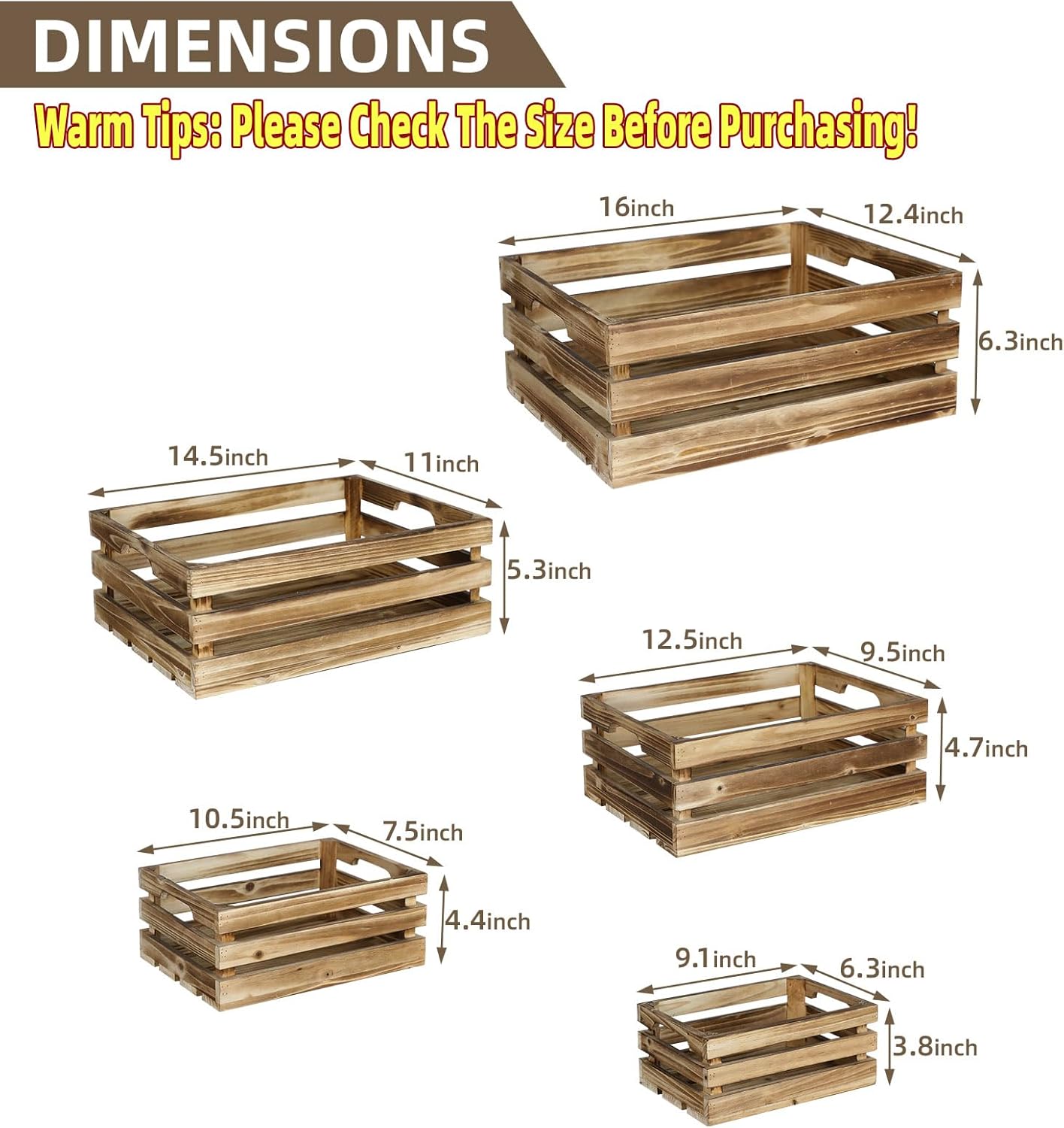 5-Piece Farmhouse Wooden Crate Set - Rustic Wooden Crates for Display and Storage, Large Torched Decorative Crates, Farmhouse Apple Crates, Painted Wood Crates for Decor
