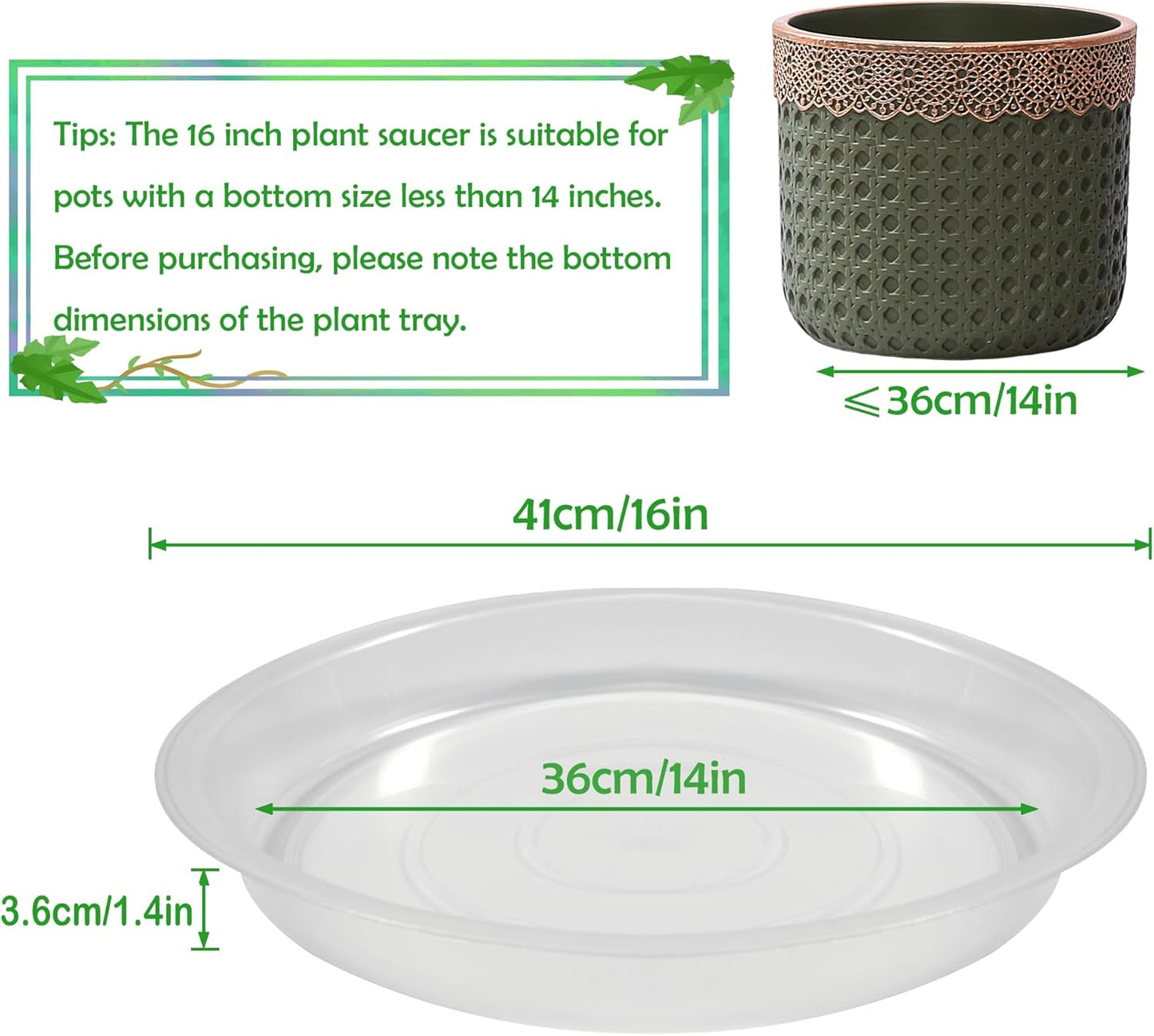 8 Pack 16 Inch Round Plant Saucers for Less 14Inch Pot Indoors Outdoors Plant Trays for Pots Planter Saucer Plastic Plant Drip Tray Flower Planter Water Tray for Potted Plants(Clear, 16"(8pcs))