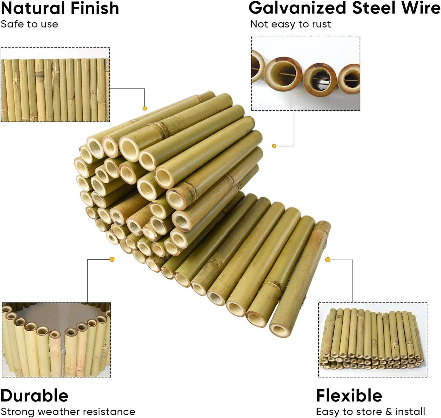 8x39IN Natural Bamboo Edging, Bamboo Garden Border Edging, Outdoor Landscape Edging for Decorative Garden, Patio Flower Garden Bed, Lawn, Yard, Pool Fences（1Pc with 3 Short Poles）