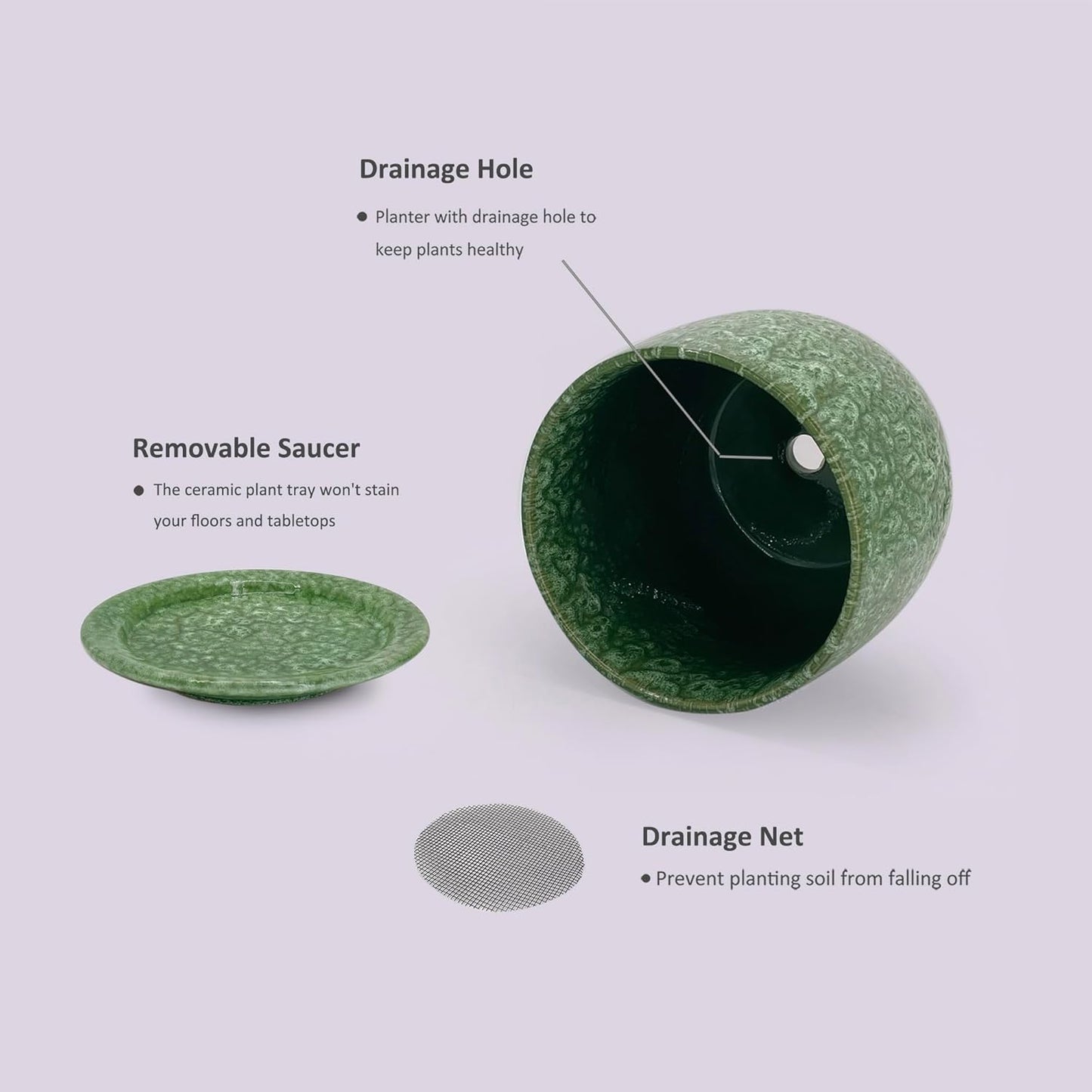 6 in Ceramic Plant Pot with Saucer，Indoor Plant Pot for Plants, Flower Pot with Drainage，Reactive Glaze Green