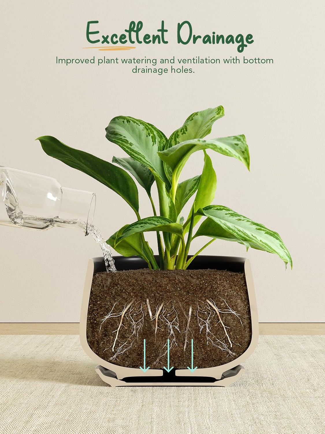 LE TAUCI Plant Pots, 4.1+5.1+6.5 inch, Set of 3, Ceramic Planters with Drainage Hole and Saucer, Indoor Flower Pot with Hole Mesh Pad, Gifts for Mom, Black