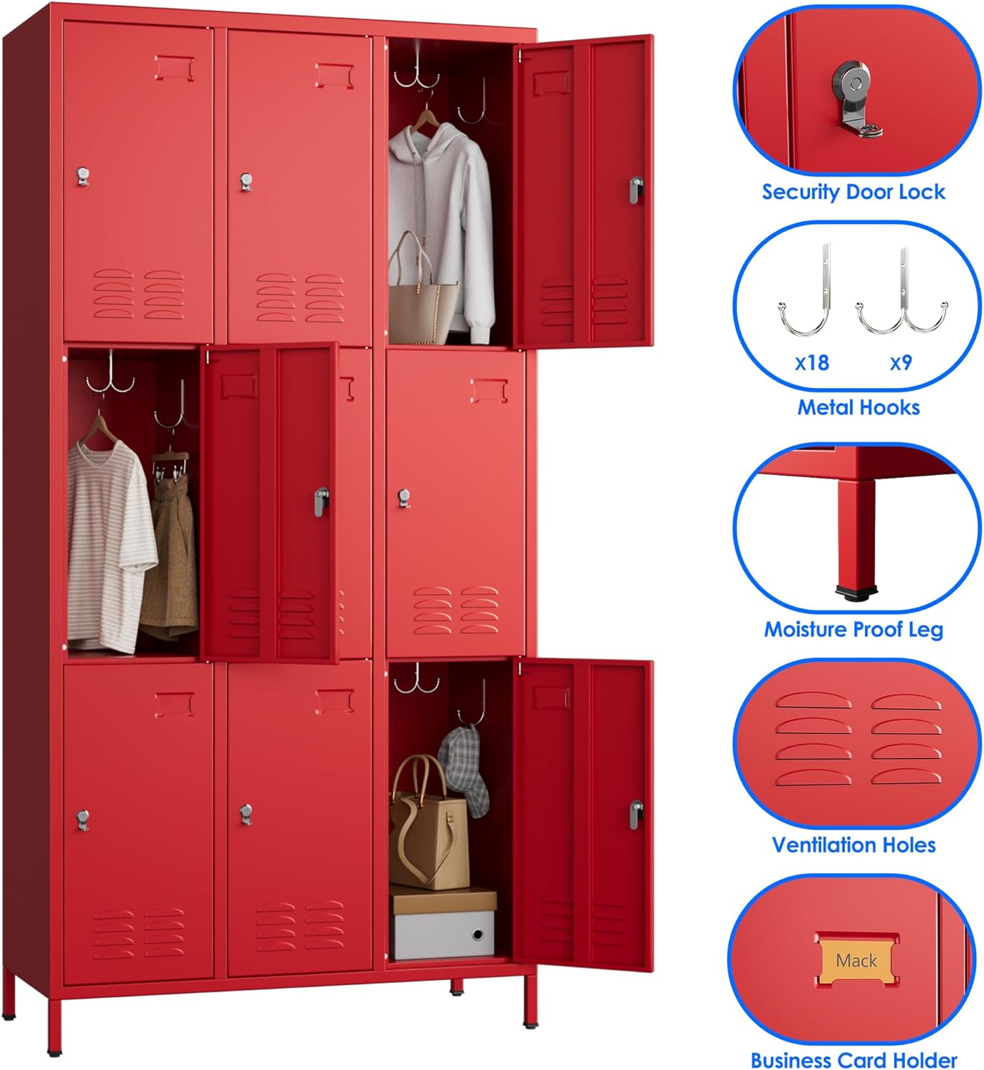 9 Doors Metal Locker with Business Card Holder and 27 Hooks,Metal Locker for Employees with Ventilation Holes for School Garage Office Gym Home,Assembly Required,Red