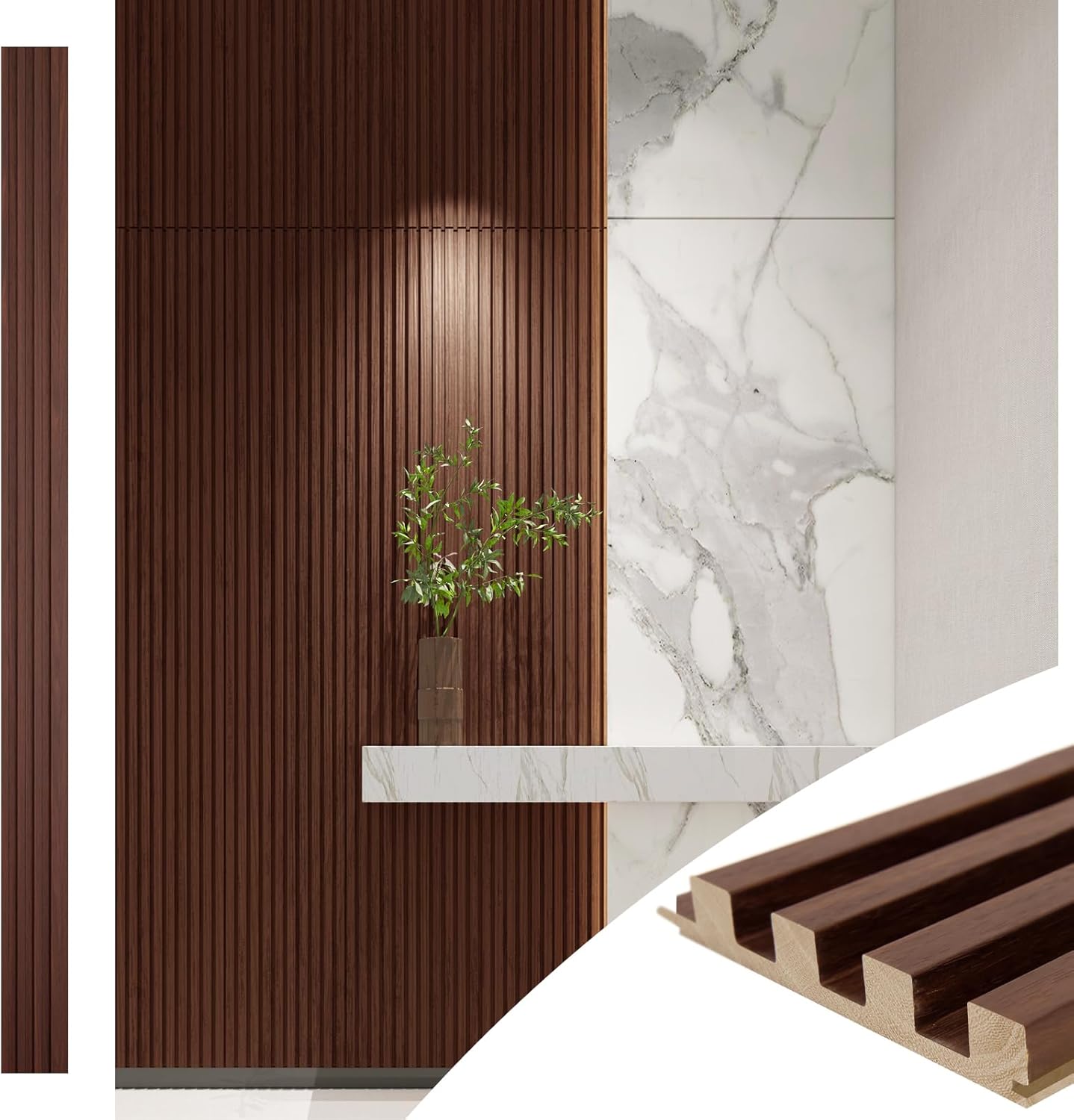 Art3d Slat Wood Wall Paneling for Interior and Ceiling Decoration - Pack of 4pcs + 1pc End-Trim, Size 108 x 5.7in.- Walnut