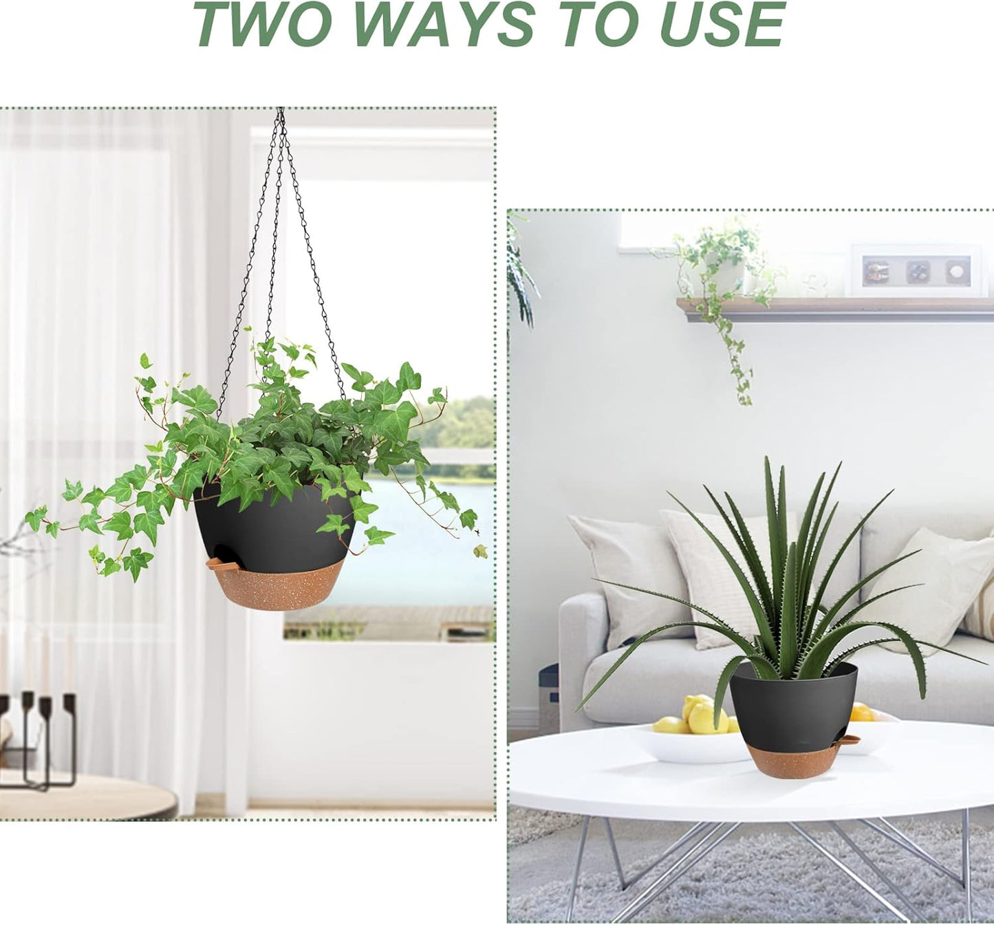 Hanging Planters for Indoor Outdoor Plants, 2 Pack Self Watering Hanging Pot with Drainage Holes & Removable Tray (Black, 10'')