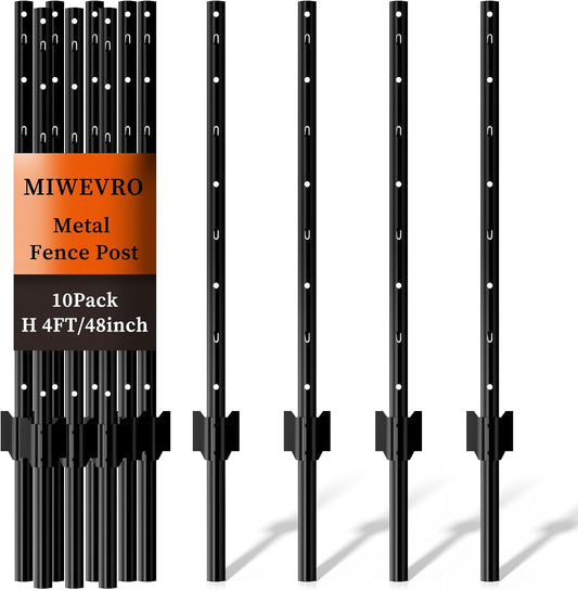 10 Pack Garden Fence Post, 4 Feet Heavy Duty Metal U-Post for Wire Fence, No Dig Garden Fence Stakes for Temporary Fencing, Electric Fence Wire, Corner Anchor, and More-Black