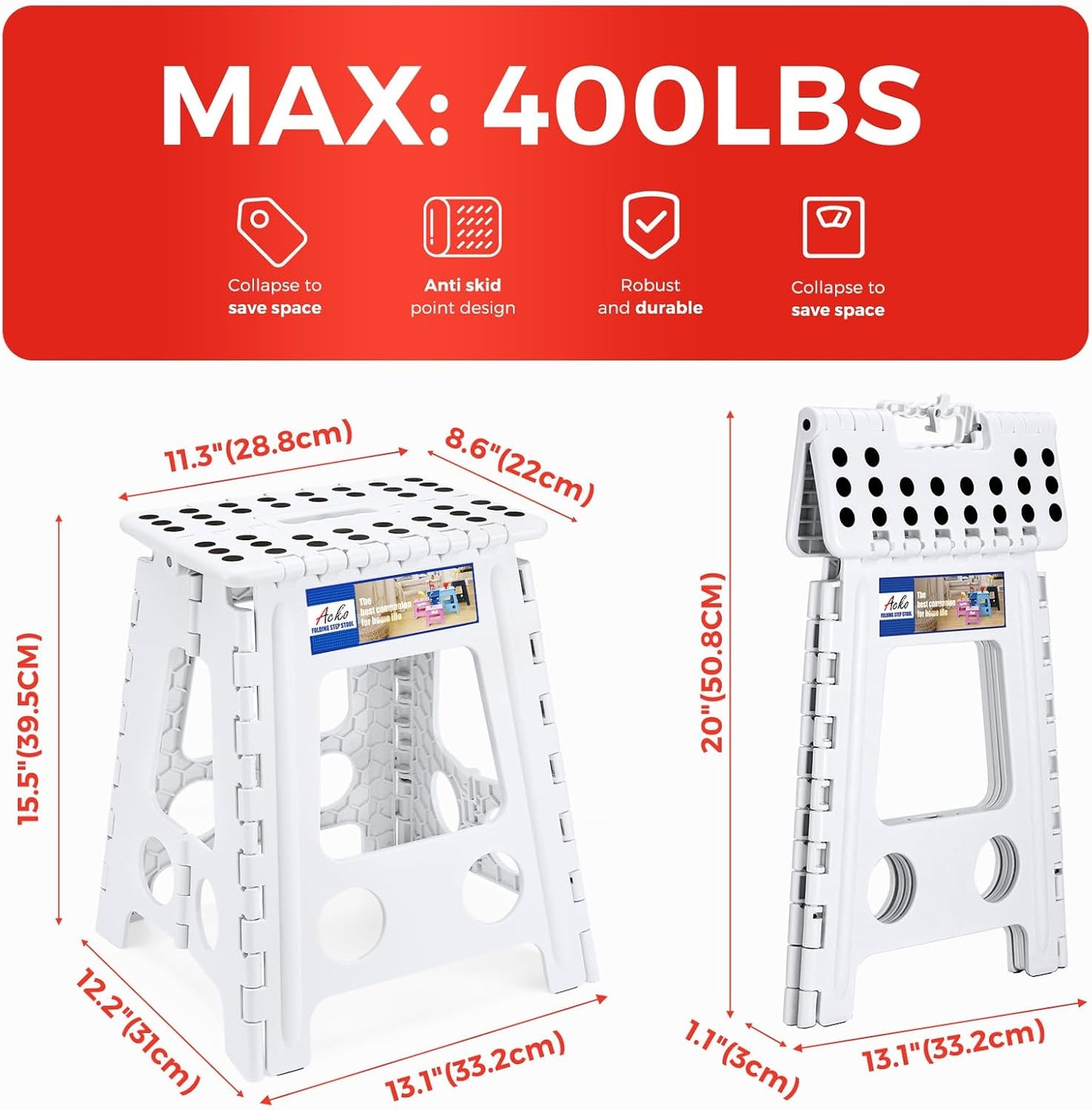 ACKO Folding Step Stool Foldable 16 Inch 400 lbs Capacity, Plastic Stools for Adults and Kids, Collapsible Stools for Kitchen, Stepping Stool with Handle (White)