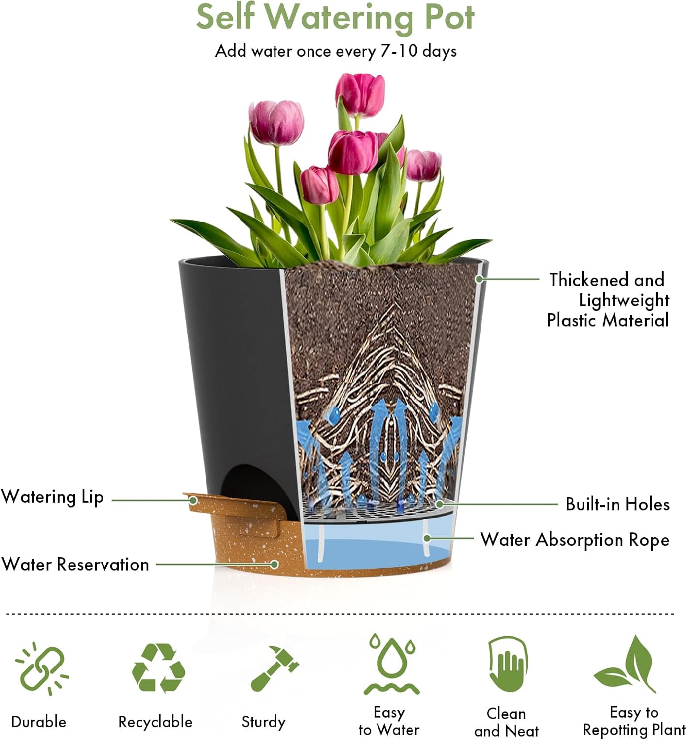 7/6.5/6/5.5/5/4 inch Self Watering Pots for Indoor Outdoor Plants, 6 Pack Plastic Flower Planters with Drainage Holes and Removable Saucers, Plant Pots with Wicking Rope, Black Brown