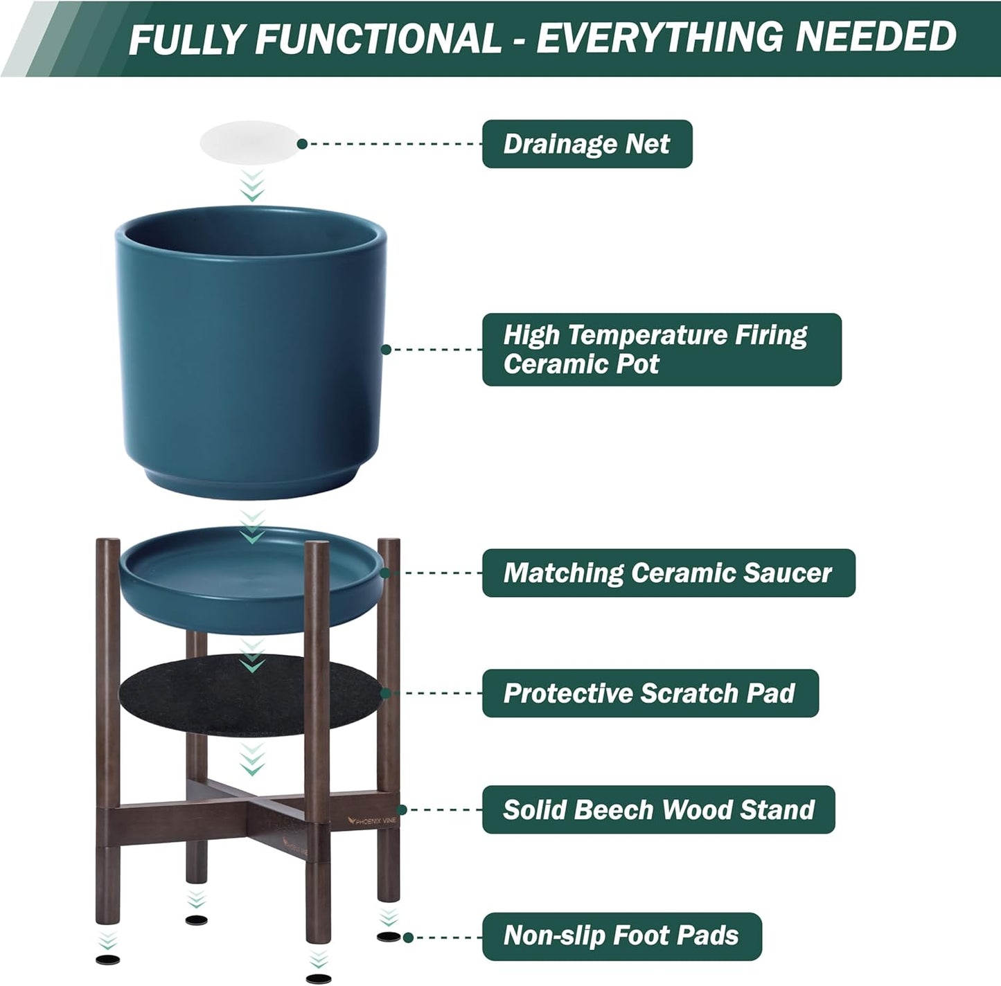 D'vine Dev Ceramic Planter with Walnut Color Stand - 12 Inch Modern Round Flower Pot with Wood Planter Holder, Teal, 55-B-W-4