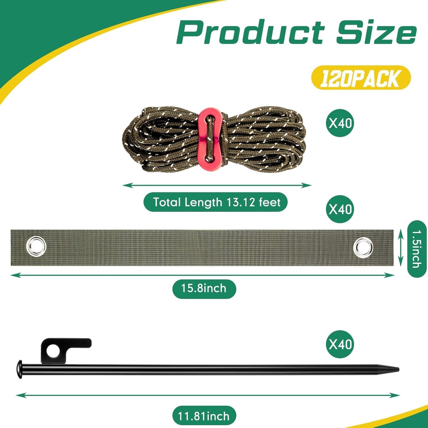 Suzile 120 Pcs Tree Stake Kit, Heavy Duty Tree Staking and Supports for Leaning Trees Include 11. 8'' Steel Stakes 15. 8'' Support Straps 13. 12 ft Rope for Anchoring Hurricane Protection (Army Green)