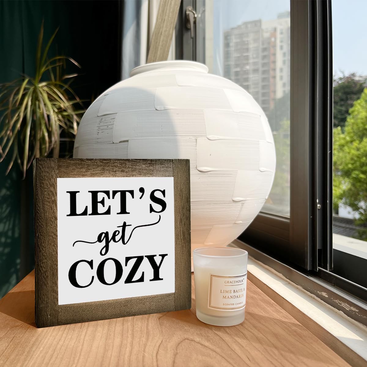 Inspirational Wood Signs, Box Wood Plaques Desk Décor, Farmhouse Home Decor Sign for Shelf, Family Table Decor for Kitchen Bedroom Dining Room, Living Room Decor, Housewarming Gift, Let's Get Cozy E