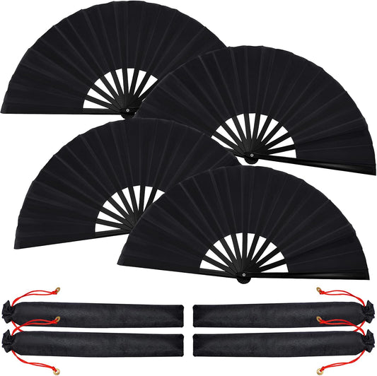 Blulu 4 Pcs 13 Inch Large Folding Hand Fans for Line Dancing Big Clapping Popping Raves Fans Bulk for Dancing Boots on The Ground Festival Party Decoration(Classic Style, Black)