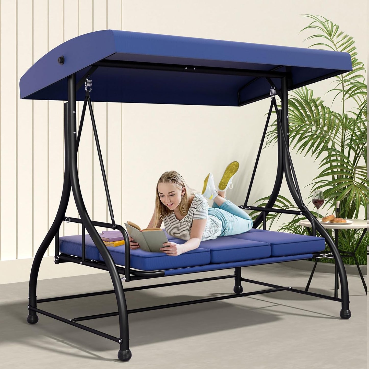 3-Seat Porch Swing Bed with Adjustable Canopy & Removable Cushions, Heavy Duty Steel Frame Outdoor Patio Swings Glider Chair for Backyard, Garden, Deck, Blue