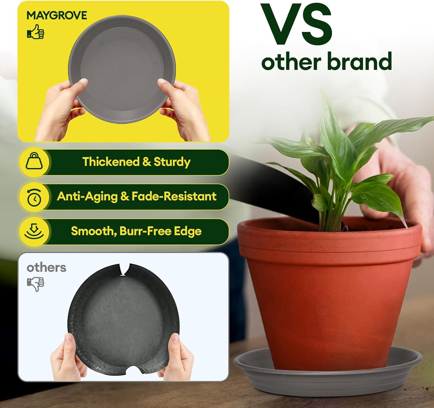 6 Pack Plant Saucer, 8 10 12 inch Plant Saucers for Indoor, Heavy Duty Plastic Plant Trays for pots, Grow Bags, Bird Baths, Flower Drip Trays for Indoor and Outdoor Uses (12", Gray)