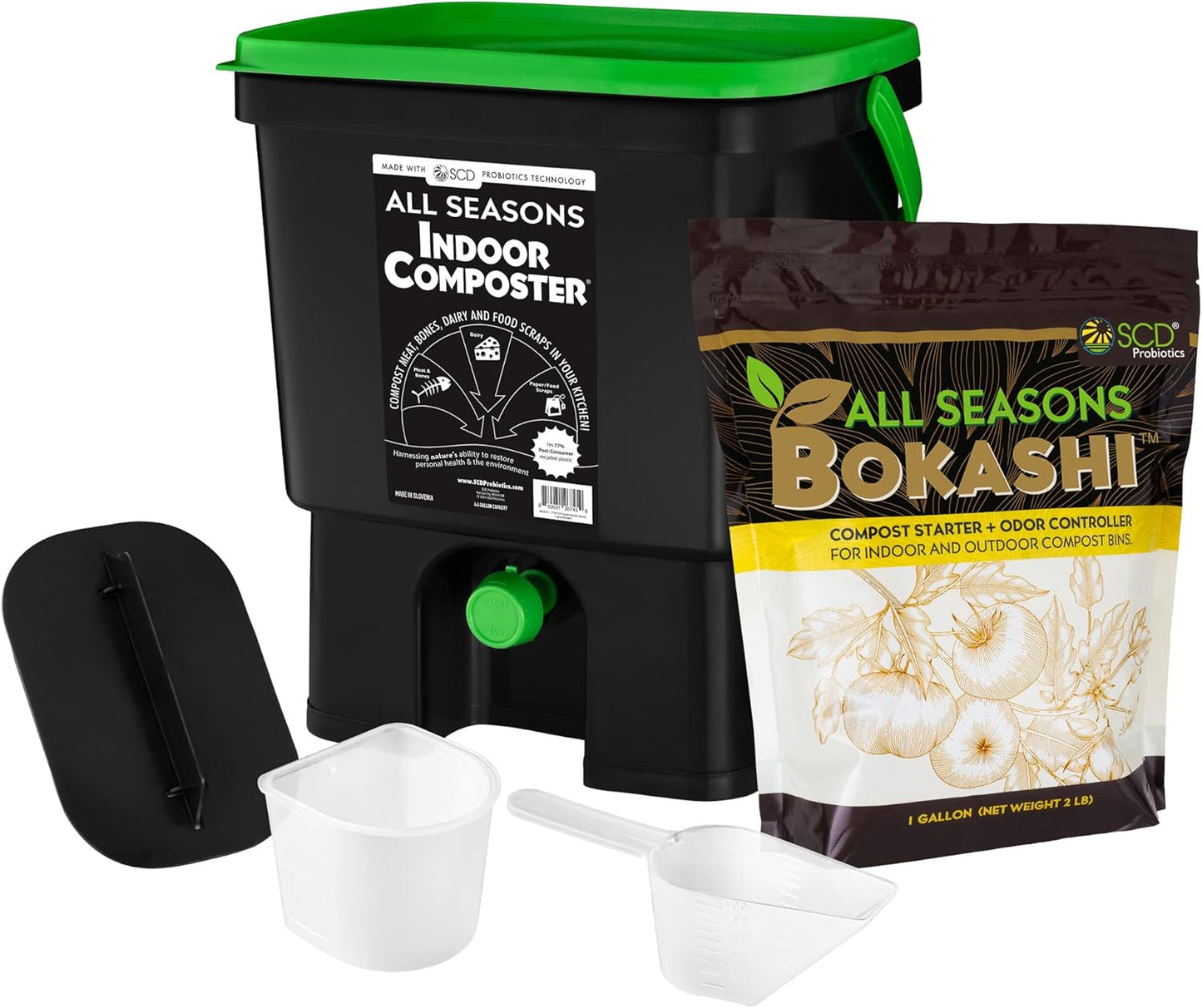 All Seasons Indoor Composter Starter Kit – 4.4 Gallon Black Organko Compost Bin for Kitchen Countertop with Scoop, Cup, Presser & 2 lbs. (1 Gallon) of Bokashi, 77% Recycled Plastic by SCD Probiotics
