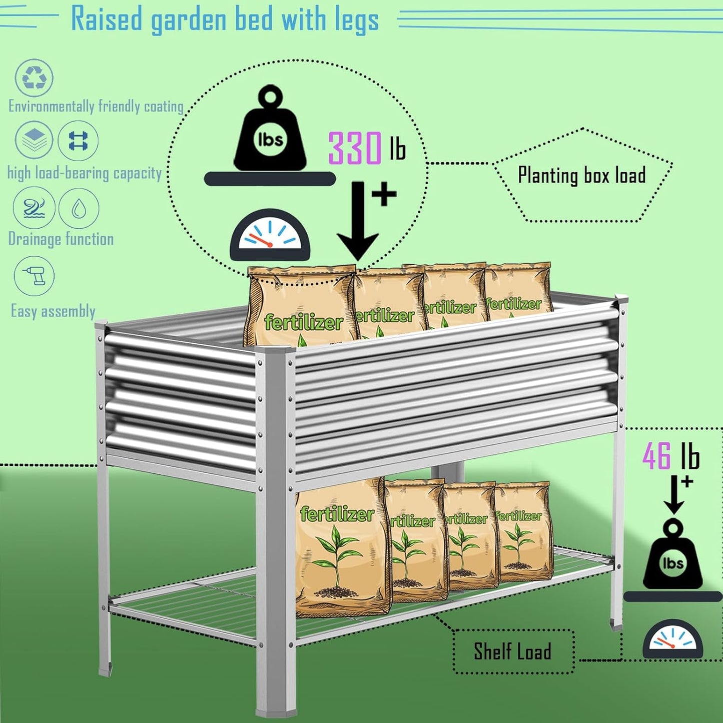 Raised Garden Bed with Legs, Galvanized Raised Planter Box with Storage Shelf and Drainage Holes, 48×24×32 Inch Large Metal Garden Bed Kit for Balcony, Backyard, Patio Lasts for Years of Use.