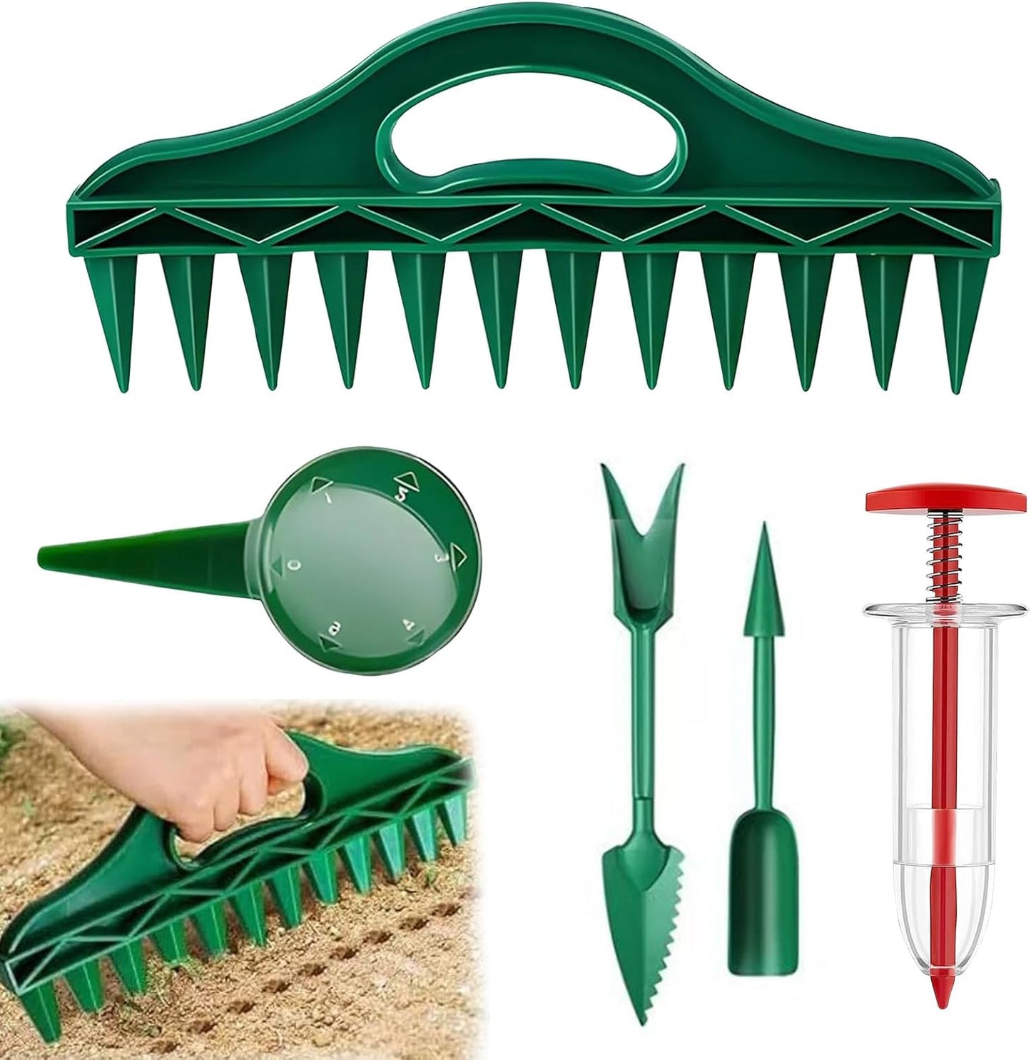 5 Piece Seed Spreader Set, 2025 Upgraded Seed Dispenser Set, 12-Hole Digger Seed Planter Tool for Lawn Garden Farm Yard