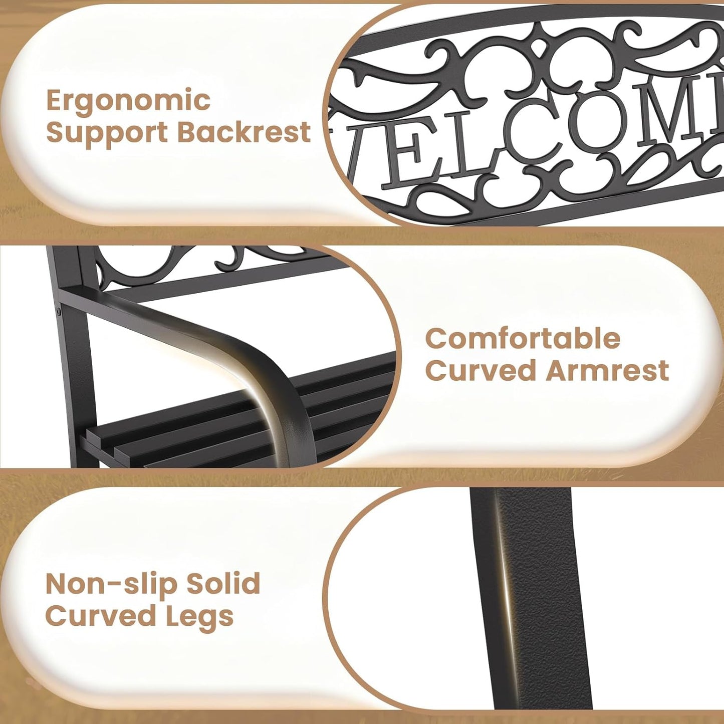 50'' Outdoor Garden Bench, Weatherproof Wrought Iron Metal Patio Bench with Mesh Pattern Backrest, for Front Porch, Park, Yard, Gardens