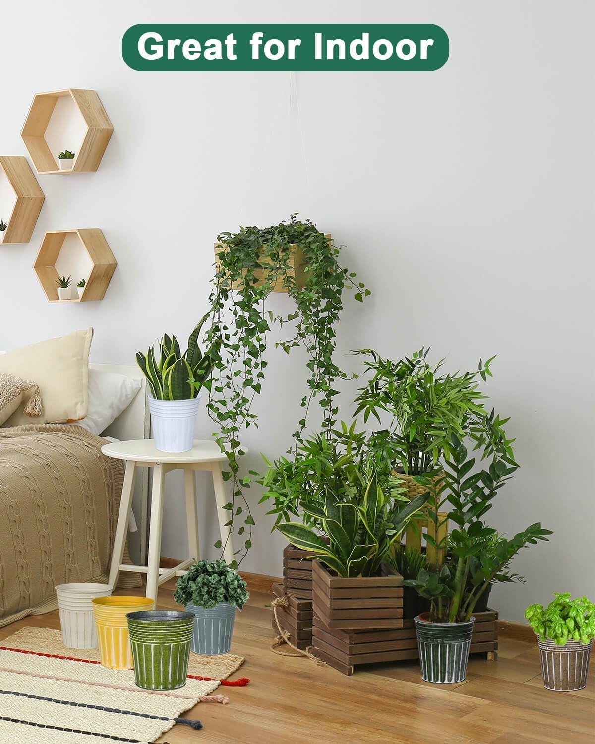 6 Inch White Metal Rustic Flower Pots - 6Pcs Galvanized Planters with Drainage Hole and Rubber Plug, Rustproof Metal Bucket Plant Pots Farmhouse Vintage Style for Decor