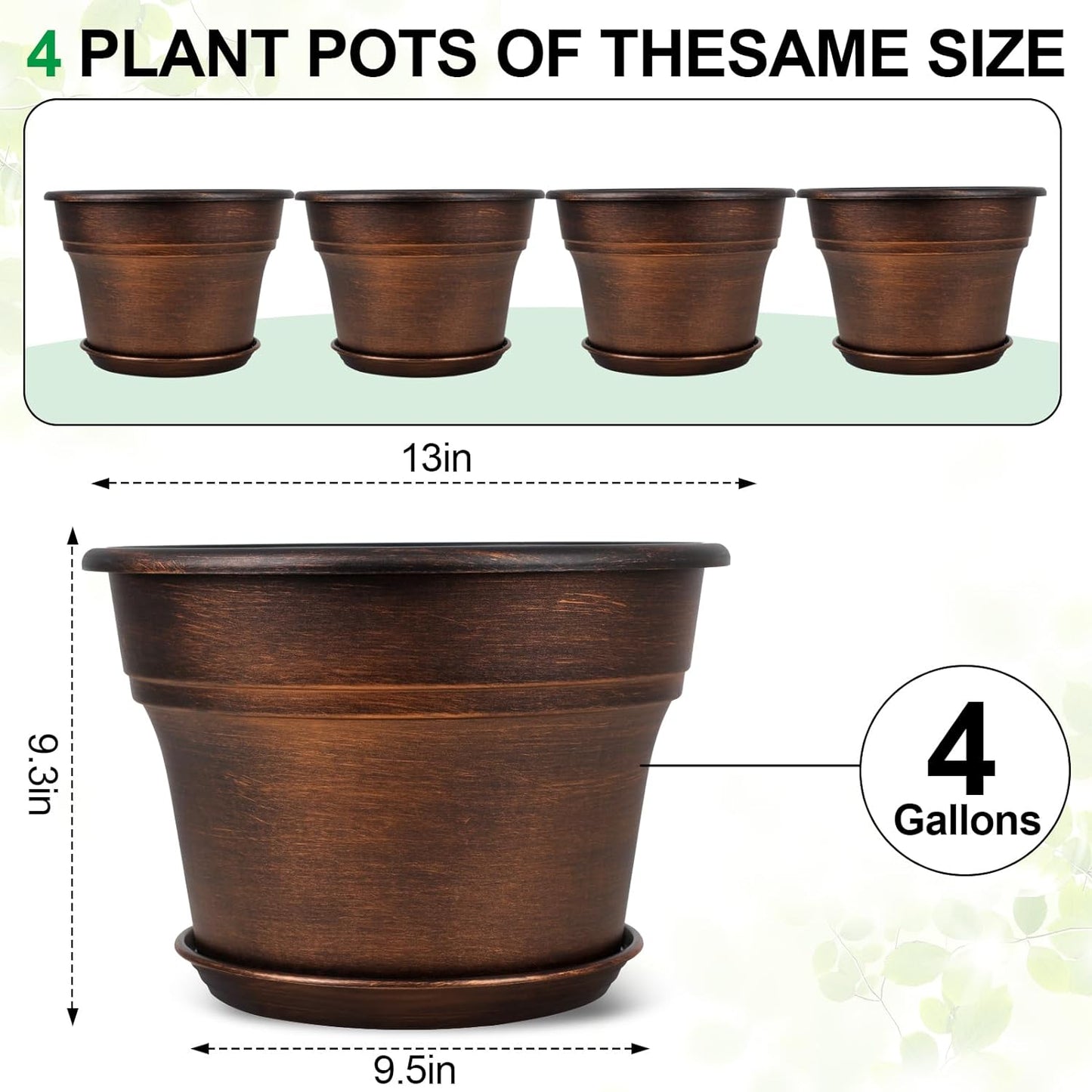 Plant Planters Pots Set of 4 Pack 13 Inch，Large Plastic Flower Pot for Indoor Plants with Drainage Holes & Trays, Resin Decorative Container Sets with Saucer for House Outdoor Garden Plant Copper