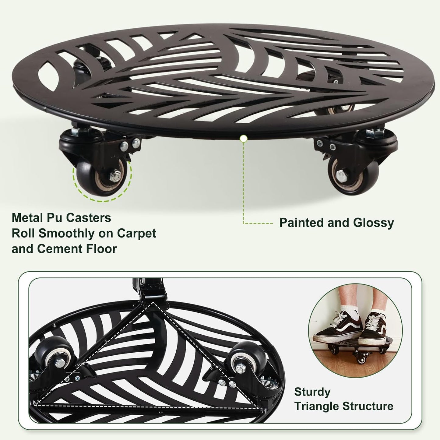 2 Packs Large Metal Plant Caddy with Wheels 13.6" and 12" Heavy-duty Wrought Iron Rolling Plant Stands with PU Metal Casters Indoor Outdoor Round Plant Pot Roller Base Planter Movers, Glossy Black