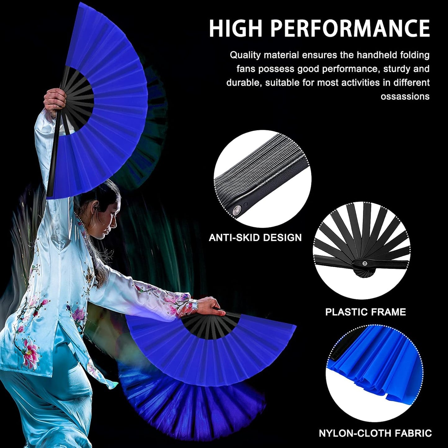 Blulu 4 Pcs 13 Inch Large Folding Hand Fans for Line Dancing Big Clapping Popping Raves Fans Bulk for Dancing Boots on The Ground Festival Party Decoration(Classic Style, Royal Blue)