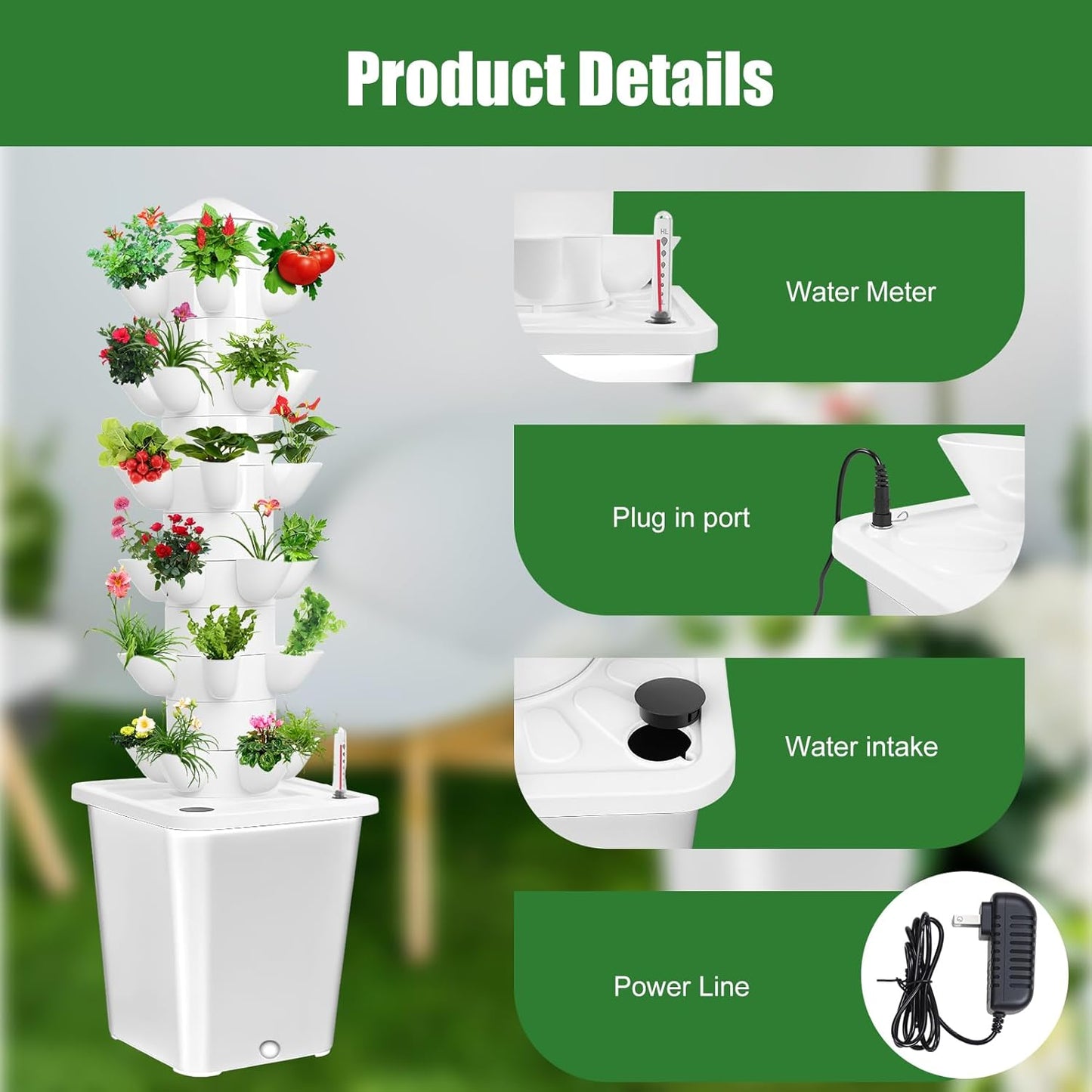Set Hydroponic Growing Tower with 20L Tank, 6 Layers 30 Plants Indoor hydroponics Growing System kit, Soilless Cultivation Herbs Fruits Vegetables Vertical Planter Tower Kit (White)