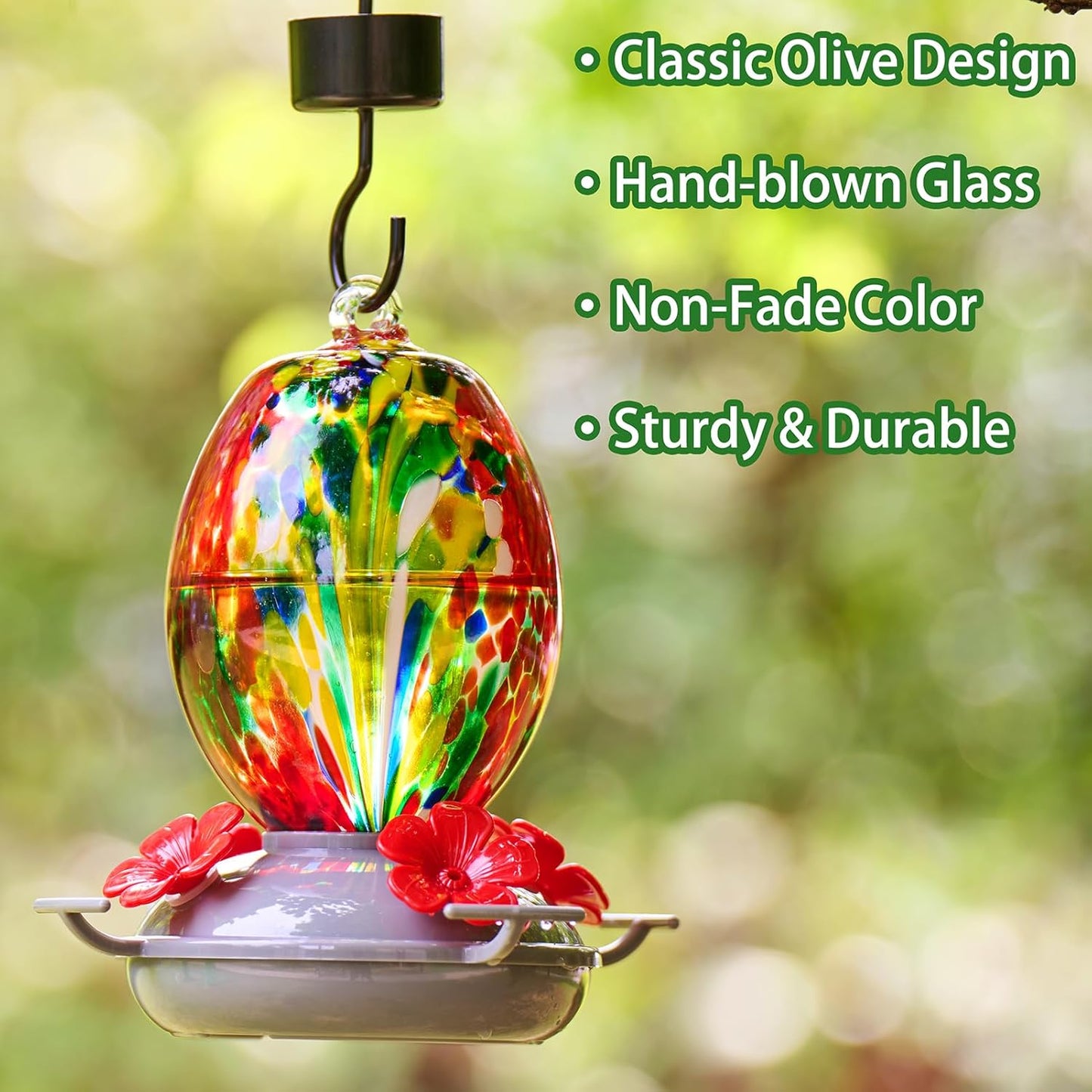 Muse Garden Hand Blown Glass Hummingbird Feeder - 19OZ Plastic Base Humming Bird Feeders for Outdoors Hanging, Garden Decor Gifts for Bird Lovers, Red Phoenix