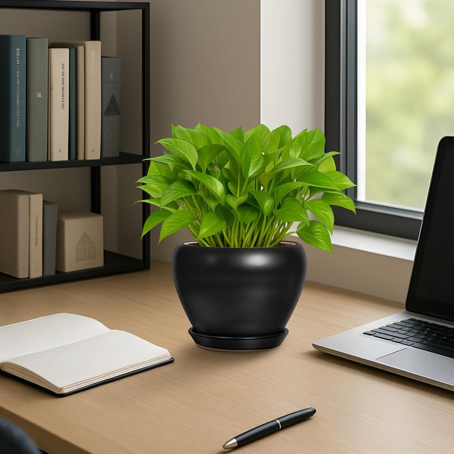 6 Inch Plant Pot - Ceramic Planter with Drainage Hole and Trays, Modern Round Flower Pot, Planters for Indoor Outdoor Plants, Home Garden Decor, Black