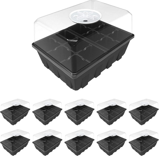 Gardzen 10 Pack Seed Starting Tray, Plant Germination Trays, Seed Starter Kit with Adjustable Humidity Vented Dome, Plant Growing Kit 6.6" x 4.5", Total 120-Cell, Black