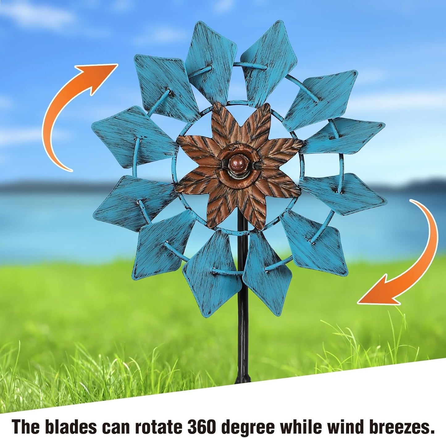 3 Pack Wind Spinners with Metal Stake, 16.3 Inches Yard Garden Sculptures for Outdoor Spring Decoration Lawn Patio Wind Catcher Windmill (Blue Flower)