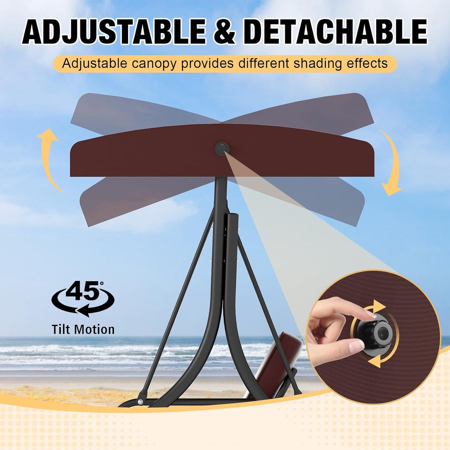 3 in 1 Porch Swing Chair with Adjustable Canopy Cover & Replacement Cushions, 3 Seat Patio Swings Bed with Heavy Duty Stand for Outdoor Backyard, Pools, Garden, Brown