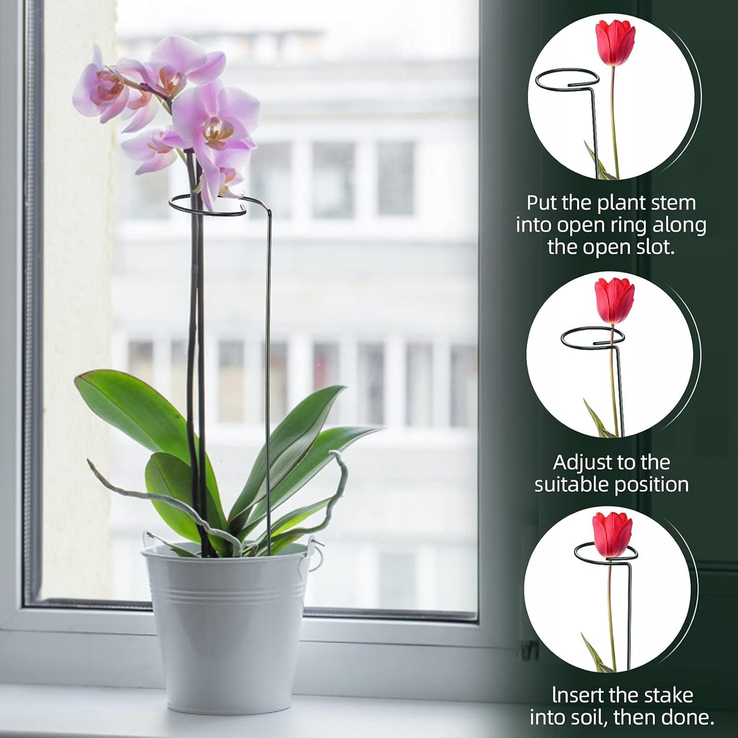 16 Inch Plant Support Stakes (Pack of 7), Garden Single Stem Amaryllis Flower Stake, Metal Plant Cage Support Rings Plants Support Sticks with 10 PCS Plant Clips