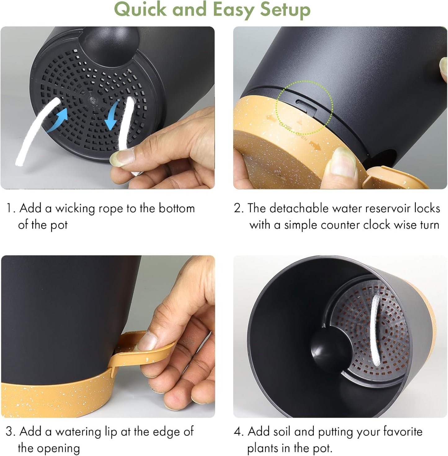 7/6.5/6/5.5/5/4 inch Self Watering Pots for Indoor Outdoor Plants, 6 Pack Plastic Flower Planters with Drainage Holes and Removable Saucers, Plant Pots with Wicking Rope, Black Brown