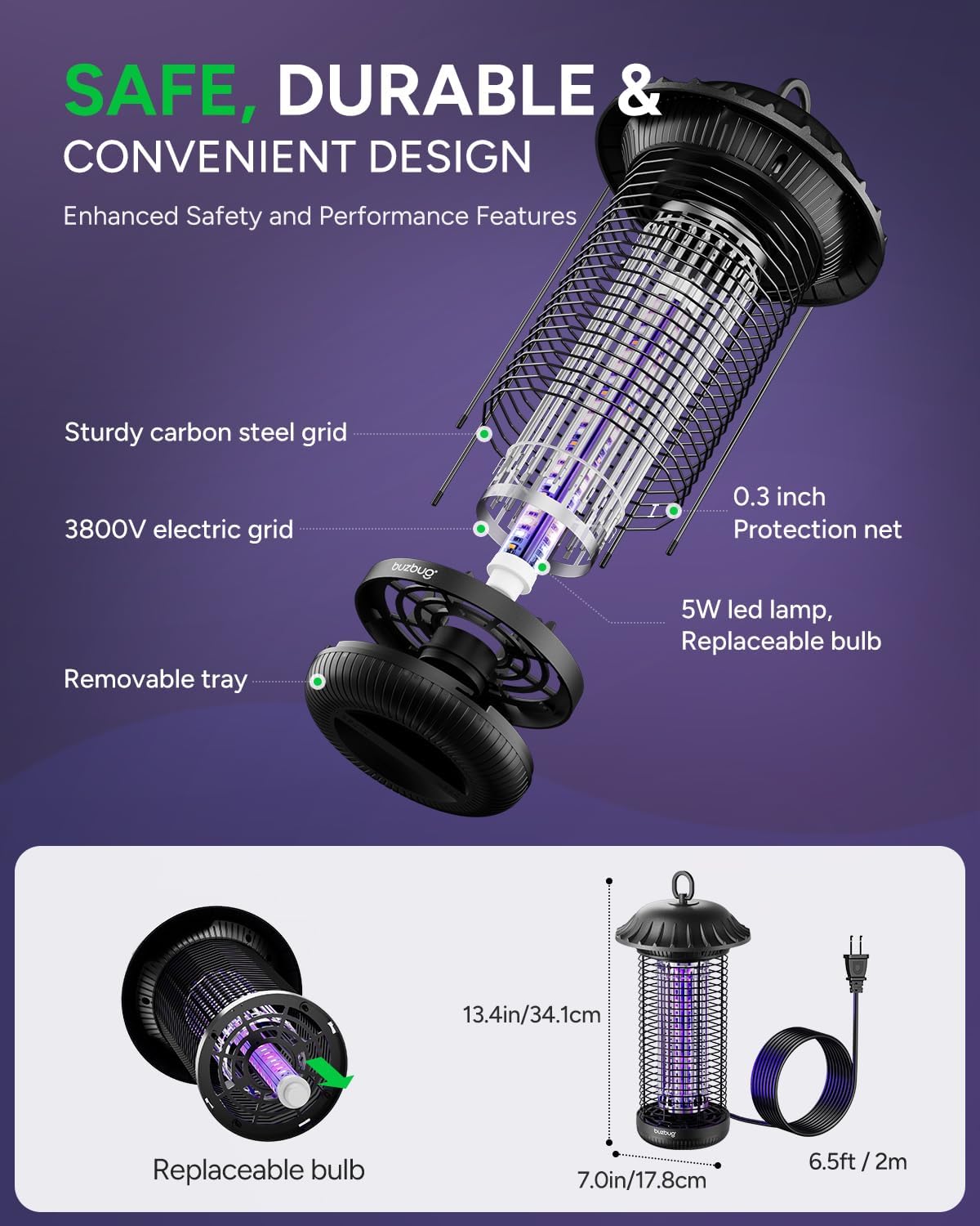 Buzbug LED Bug Zapper Indoor Outdoor, 10 Years Lifespan, 6.5ft Power Cord, IPX4 Waterproof, High-Voltage, Mosquito Zapper, Fly Trap Mosquito Trap, Fly Killer Fly Zapper -MO008C