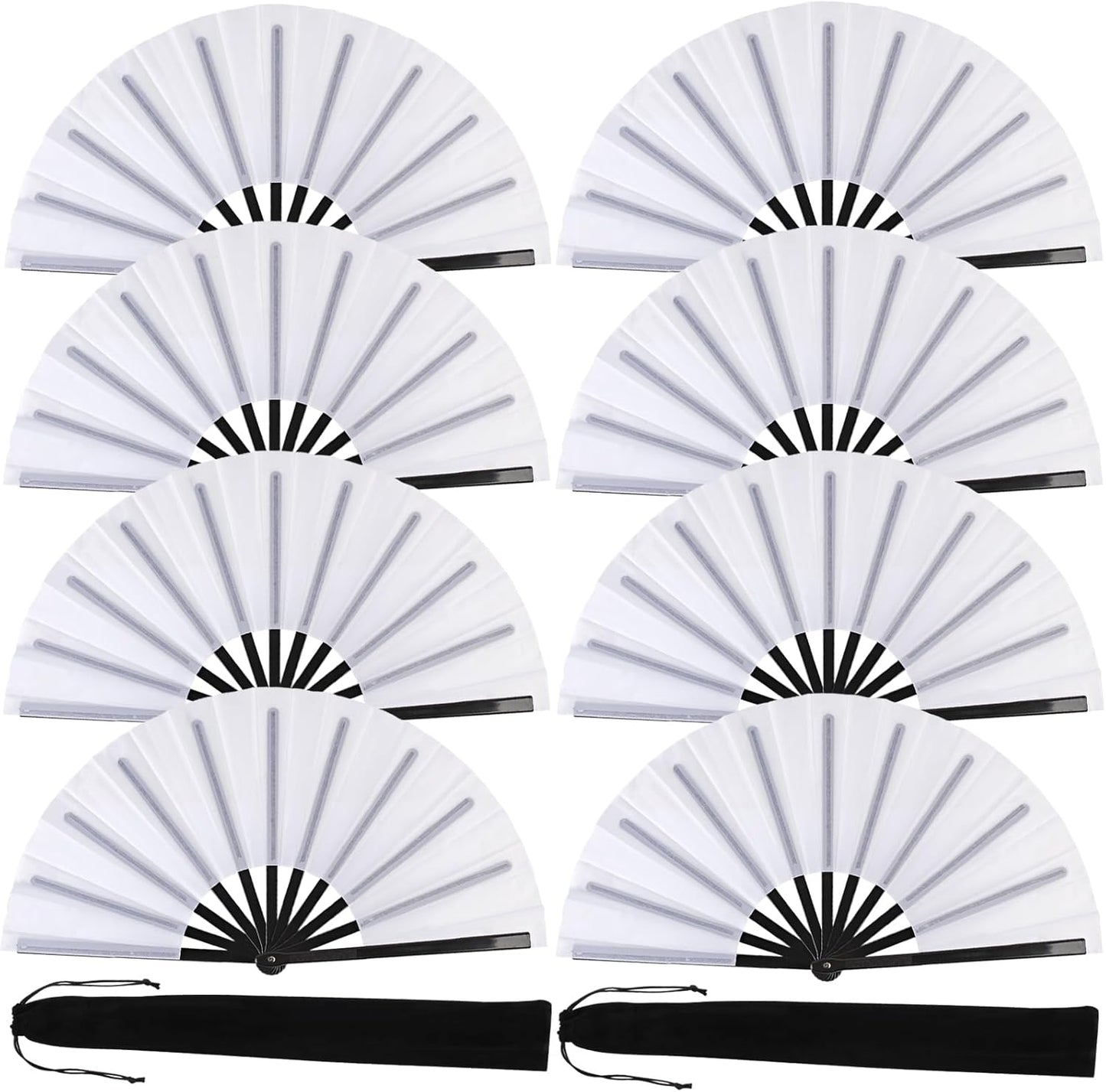 8 Pack Large Folding Hand Fans for Women/Men, Kungfu Taichi Rave Folding Fan with Bag, Large Popping Clacking Fans for Line Dancing, Concert, Party, Festival, Home Decorations(White)